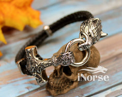 Fenrir Wolf Viking Bracelet | Norse Jewelry | Mjolnir Bracelet | Viking Wristband | Fenrir Wolf | Thor Hammer | Nordic Cuff | Viking Jewelry