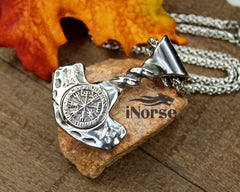 Vegvisir Viking Necklace | Mjolnir Pendant | Norse Jewelry | Viking Pendant | Runes Amulet | Thor's Hammer Necklace | Nordic | Viking Jewelry