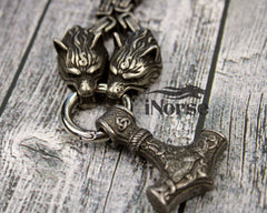 Odin's Wolves Viking Necklace | Mjolnir Pendant | Norse Jewelry | Thor's Hammer | Fenrir Wolf | Nordic Necklace | Gothic Design | Viking Jewelry