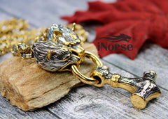 Odin's Wolves Viking Necklace | Mjolnir Pendant | Norse Jewelry | Thor's Hammer | Fenrir Wolf | Nordic Necklace | Pagan | Viking Jewelry