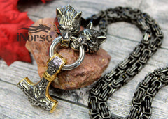 Odin Wolves Viking Necklace | Norse Jewelry | Mjolnir Pendant | Geri & Freki Necklace | Fenrir Wolf | Norse Hammer | Gothic | Viking Jewelry