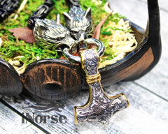 Odin Wolves Viking Necklace | Norse Jewelry | Mjolnir Pendant | Geri & Freki Necklace | Fenrir Wolf | Norse Hammer | Gothic | Viking Jewelry