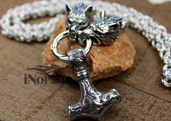 Geri & Freki Viking Necklace | Odin's Wolves Jewelry | Mjolnir Pendant | Norse Jewelry | Fenrir Wolf Necklace | Thor Hammer | Goth | Viking Jewelry