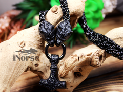 Odin's Wolves Viking Necklace | Mjolnir Jewelry | Norse Necklace | Fenrir Wolf | Thor's Hammer | Nordic Design | Gothic Amulet | Viking Jewelry