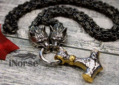 Odin Wolves Viking Necklace | Norse Jewelry | Mjolnir Pendant | Geri & Freki Necklace | Fenrir Wolf | Norse Hammer | Gothic | Viking Jewelry