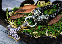 Odin Wolves Viking Necklace | Norse Jewelry | Mjolnir Pendant | Geri & Freki Necklace | Fenrir Wolf | Norse Hammer | Gothic | Viking Jewelry