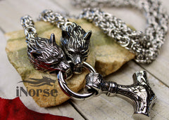 Geri & Freki Viking Necklace | Odin's Wolves Jewelry | Mjolnir Pendant | Norse Jewelry | Fenrir Wolf Necklace | Thor Hammer | Goth | Viking Jewelry