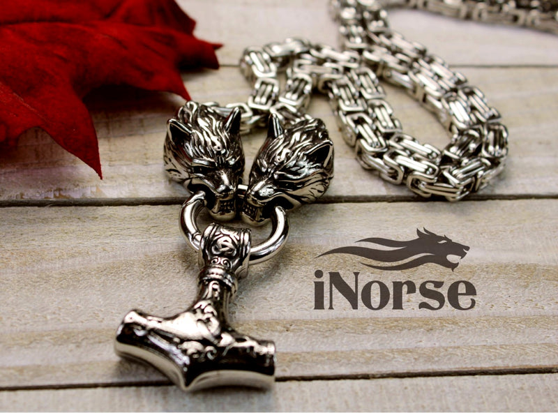 Odin's Wolves Viking Necklace | Norse Jewelry | Fenrir Necklace | Mjolnir Pendant | Norse Necklace | Geri & Freki | Odin | Viking Jewelry