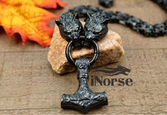 Odin Wolves Viking Necklace | Norse Jewelry | Fenrir Wolf | Mjolnir Pendant | Norse Necklace | Thor Hammer | Odin Necklace | Viking Jewelry