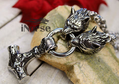 Geri & Freki Viking Necklace | Odin's Wolves Jewelry | Mjolnir Pendant | Norse Jewelry | Fenrir Wolf Necklace | Thor Hammer | Goth | Viking Jewelry