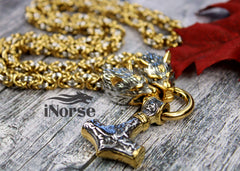 Odin's Wolves Viking Necklace | Mjolnir Pendant | Norse Jewelry | Thor's Hammer | Fenrir Wolf | Nordic Necklace | Pagan | Viking Jewelry