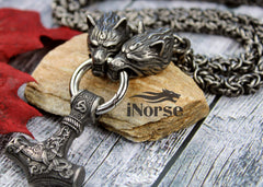 Odin's Wolves Viking Necklace | Norse Jewelry | Mjolnir Pendant | Fenrir Necklace | Thor's Hammer | Odin Necklace | Gothic | Viking Jewelry