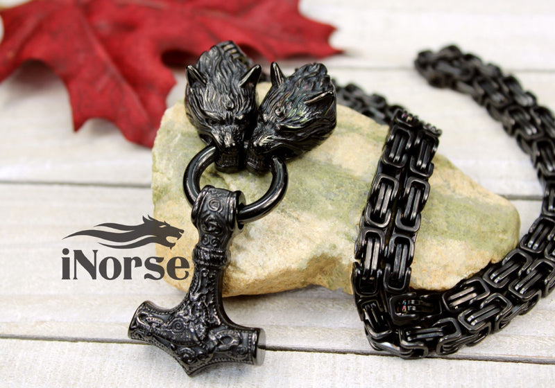 Odin Wolves Viking Necklace | Norse Jewelry | Fenrir Wolf | Mjolnir Pendant | Norse Necklace | Thor Hammer | Odin Necklace | Viking Jewelry