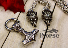 Geri & Freki Viking Necklace | Odin's Wolves Jewelry | Mjolnir Pendant | Norse Jewelry | Fenrir Wolf Necklace | Thor Hammer | Goth | Viking Jewelry