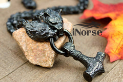 Odin Wolves Viking Necklace | Norse Jewelry | Fenrir Wolf | Mjolnir Pendant | Norse Necklace | Thor Hammer | Odin Necklace | Viking Jewelry