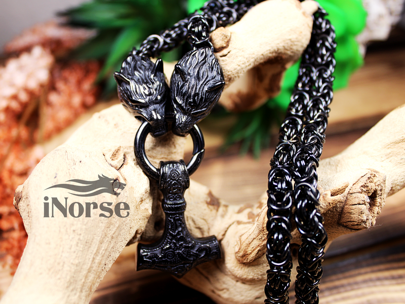 Odin's Wolves Viking Necklace | Mjolnir Jewelry | Norse Necklace | Fenrir Wolf | Thor's Hammer | Nordic Design | Gothic Amulet | Viking Jewelry