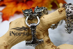 Geri & Freki Viking Necklace | Norse Jewelry | Odin's Wolves | Fenrir Wolf Necklace | Thor Hammer | Goth Necklace | Viking Jewelry