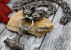 Odin's Wolves Viking Necklace | Mjolnir Pendant | Norse Jewelry | Thor's Hammer | Fenrir Wolf | Nordic Necklace | Gothic Design | Viking Jewelry