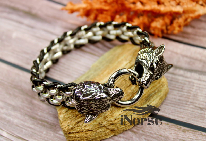 Odin's Wolves Viking Bracelet | Norse Jewelry | Viking Wristband |  Fenrir Wolf Bracelet | Norse Leather Armband | Viking Bangle | Norse Arm Ring | Viking Jewelry