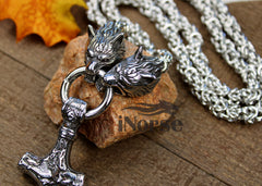 Geri & Freki Viking Necklace | Odin's Wolves Jewelry | Mjolnir Pendant | Norse Jewelry | Fenrir Wolf Necklace | Thor Hammer | Goth | Viking Jewelry