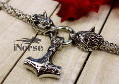 Geri & Freki Viking Necklace | Odin's Wolves Jewelry | Mjolnir Pendant | Norse Jewelry | Fenrir Wolf Necklace | Thor Hammer | Goth | Viking Jewelry