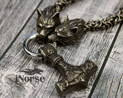 Odin's Wolves Viking Necklace | Norse Jewelry | Mjolnir Pendant | Fenrir Necklace | Thor's Hammer | Odin Necklace | Gothic | Viking Jewelry