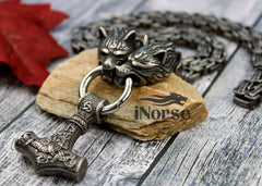 Odin's Wolves Viking Necklace | Mjolnir Pendant | Norse Jewelry | Thor's Hammer | Fenrir Wolf | Nordic Necklace | Gothic Design | Viking Jewelry