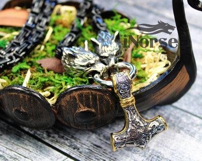 Odin Wolves Viking Necklace | Norse Jewelry | Mjolnir Pendant | Geri & Freki Necklace | Fenrir Wolf | Norse Hammer | Gothic | Viking Jewelry