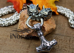 Geri & Freki Viking Necklace | Odin's Wolves Jewelry | Mjolnir Pendant | Norse Jewelry | Fenrir Wolf Necklace | Thor Hammer | Goth | Viking Jewelry