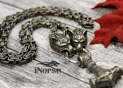 Odin's Wolves Viking Necklace | Mjolnir Pendant | Norse Jewelry | Thor's Hammer | Fenrir Wolf | Nordic Necklace | Gothic Design | Viking Jewelry