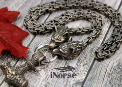 Odin's Wolves Viking Necklace | Mjolnir Pendant | Norse Jewelry | Thor's Hammer | Fenrir Wolf | Nordic Necklace | Gothic Design | Viking Jewelry