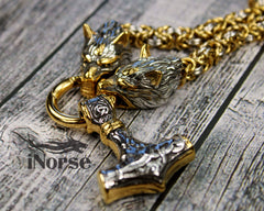 Odin's Wolves Viking Necklace | Mjolnir Pendant | Norse Jewelry | Thor's Hammer | Fenrir Wolf | Nordic Necklace | Pagan | Viking Jewelry