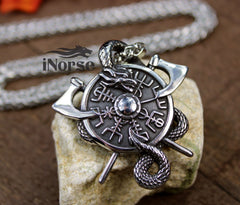 Dragon Vegvisir Viking Necklace | Norse Jewelry | Viking Pendant | Viking Compass | Norse Wayfinder Necklace | Battle Axes | Viking Jewelry