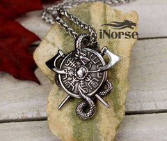 Dragon Vegvisir Viking Necklace | Norse Jewelry | Viking Pendant | Viking Compass | Norse Wayfinder Necklace | Battle Axes | Viking Jewelry