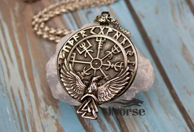 Raven Vegvisir Viking Necklace | Runic Pendant | Norse Jewelry | Viking Pendant | Norse Necklace | Futhark Runes | Helm Of Awe | Viking Jewelry